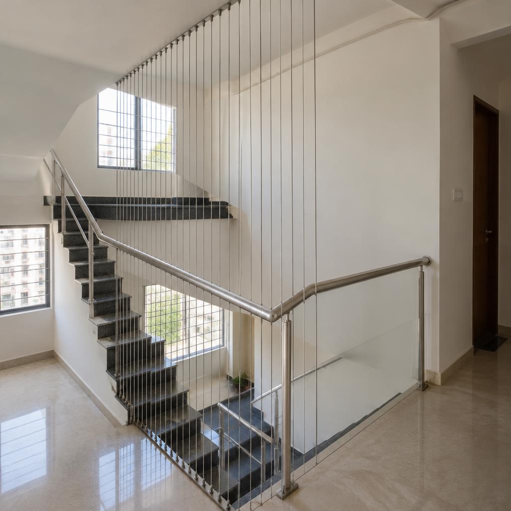 Vertical stainless steel invisible grill cables protecting an open apartment staircase void, floor-to-ceiling wires beside the stairwell
